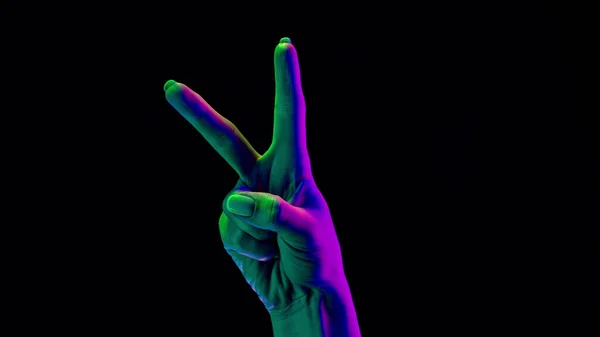 Female hand showing 2 with fingers isolated on black background. One, two, three numbers gesture, reade set go, math concept. — Stock Photo, Image