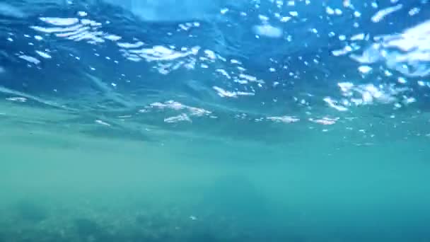 Sluneční paprsky protékají hladinou řeky. Krásný podvodní pohled. Světelné paprsky září. Rychlý tok sladké vody. Příroda, čisté, vodní prostředí. — Stock video