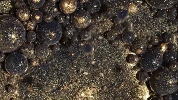 Vista superior de pintura de purpurina líquida abstracta y estallidos de burbujas. Tintas oscuras en esferas de aceite. Formas coloridas. Fondo detallado, diseño increíble, remolino — Vídeos de Stock