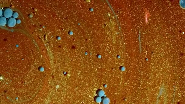 Modré bubliny ve zlaté třpytivé barvě. Pohyb olejových koulí na tekutém povrchu. Barevné tvary. Detailní zázemí, krásný design, textura balónů. Abstraktní umění, koule. — Stock video