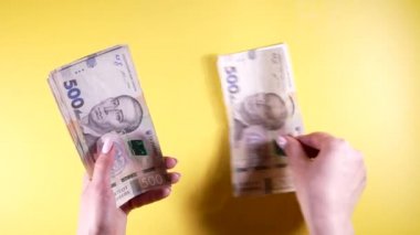 UAH Hryvnias diye para sayan bir kadın, 500 banknotluk banknotları sarıya yakın plan. Maaş ya da başka bir gelir. Nakit para kavramı.