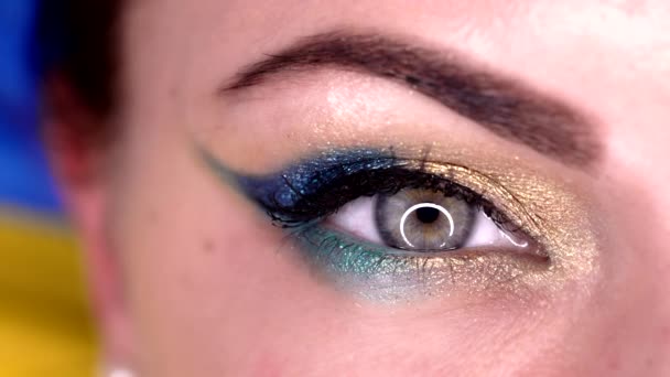 Vista macro do olho da mulher com maquiagem azul amarelo brilhante. Senhora, córnea verde com reflexo redondo. Modelo ucraniano no fundo da bandeira, ela pisca e sorri — Vídeo de Stock