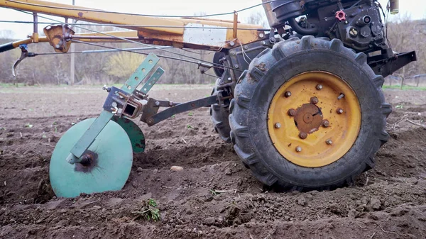 Farmář pracuje, orá na poli motoblockem motorizované jednotky. Sázet brambory, plnit půdu z dalších mezer. Vytvářím hřeben. Pěstování, orání půdy. Zemědělství. — Stock fotografie