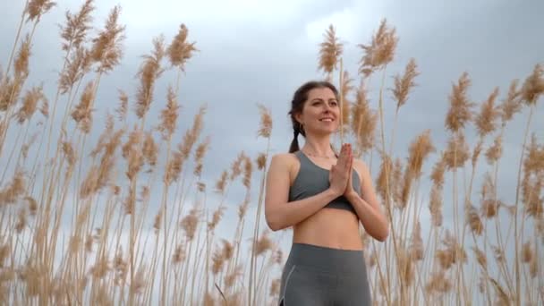 Pretty sporty woman doing namaste yoga mudra on reed natural background. Healthy harmony lady training on beach. Gratitude, love, zen , wellness concept. — Stockvideo