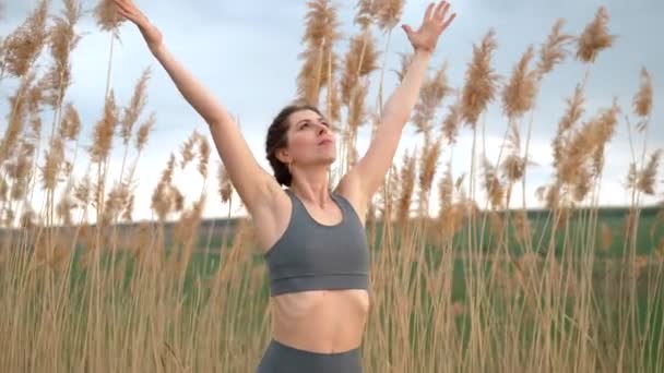 Young woman doing namaste, pranayama yoga breathing exercise on reed natural background. Healthy girl training at summer outdoors. Gratitude, unity with nature, wellness concept. — Video Stock