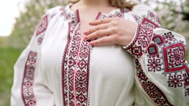 Woman demonstrates beautiful details of embroidery ornament on vyshyvanka dress. Ukrainian national costume, texture, design, folk, handmade craft needlework concept