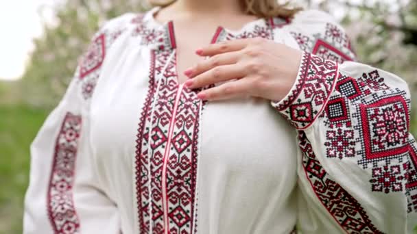Kobieta demonstruje piękne szczegóły zdobienia haftu na sukni vyshyvanka. Ukraiński strój narodowy, tekstura, projekt, ludowe, ręcznie robione rękodzieło — Wideo stockowe