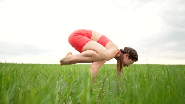 Young woman practicing in handstand yoga outdoors in field. Concentrated beautiful girl in Bakasana. Strong hands. Concept of fitness, sports, healthy lifestyle. — Stockvideo