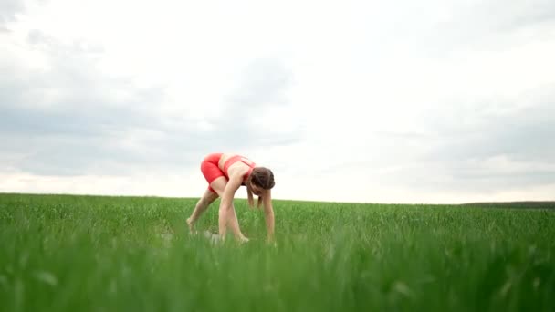 Mulher desportiva de laranja usar ioga em campo verde fresco. Complexo de asanas - Surya Namaskar, equilíbrio, zen. Fitness, prática cotidiana na natureza, conceito de estilo de vida saudável. — Vídeo de Stock