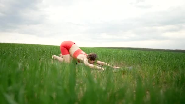 Sporty woman in orange wear doing yoga in fresh green field. Complex of asanas - Surya Namaskar, balance, zen. Fitness, everyday practice on nature, healthy lifestyle concept. — ストック動画