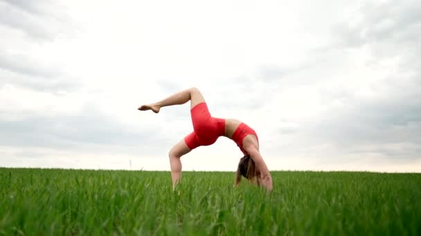 Тонкая женщина, практикующая в гимнастическом мосту - йога асана на открытом воздухе в зеленом поле. Сконцентрированная красивая девушка. Сильные руки. Концепция фитнеса, спорта, здорового образа жизни. — стоковое видео