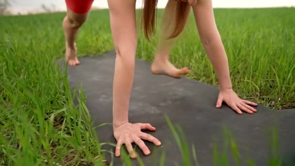 Fiatal nő, aki kézenálló deszkán gyakorol, jóga a szabadban, a zöld mezőn. Erős lány edzés egyensúlyban. Fogalom a fitness, sport, egészséges életmód. — Stock videók