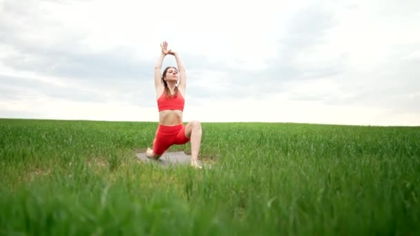 Mulher desportiva de laranja usar ioga em campo verde fresco. Complexo de asanas - Surya Namaskar, equilíbrio, zen. Fitness, prática cotidiana na natureza, conceito de estilo de vida saudável. — Vídeo de Stock