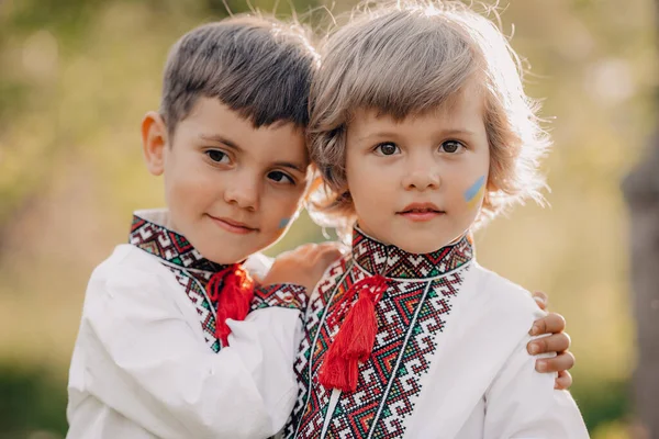 Meninos ucranianos sorridentes com arte de bandeira amarela azul nas bochechas. Crianças em conjunto em camisas tradicionais de vyshyvanka de bordado. Ucrânia, irmãos, liberdade, traje nacional, vitória na guerra. — Fotografia de Stock