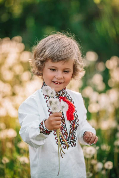 Portret małego ukraińskiego chłopca z dmuchawcem w wiosennym ogrodzie. Dziecko w tradycyjnym hafcie vyshyvanka koszuli. Ukraina, wolność, kostium narodowy, szczęśliwe dzieciństwo i koncepcja przyszłości — Zdjęcie stockowe