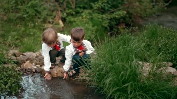 Маленькие украинские мальчишки в традиционных вышиванках сидят у реки, брызгают водой. Дети играют вместе. Украина, братья, свобода, национальный костюм — стоковое видео