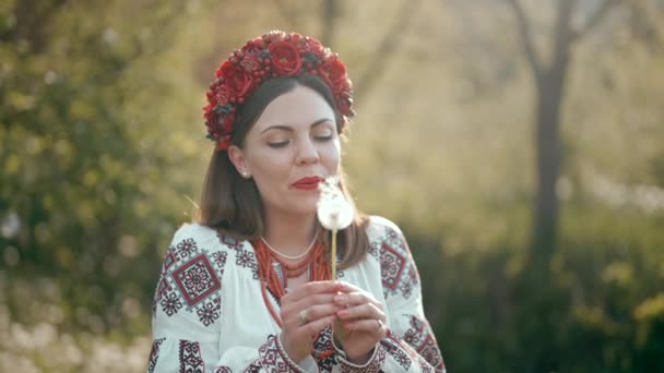 Mujer ucraniana en vestido tradicional bordado vyshyvanka soplando diente de león en el hermoso parque. Ucrania, libertad, primavera, traje nacional, moda auténtica. — Vídeos de Stock