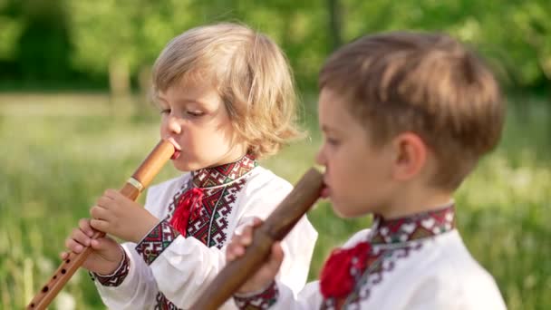 木管楽器のフルートで演奏する弟の男の子-ウクライナのソフィルカ屋外。民俗音楽の概念。楽器。伝統的な刺繍シャツの子供たち – vyshyvanka. — ストック動画