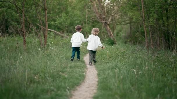 小乌克兰人男孩兴高采烈地沿着小径在森林草坪上或公园里奔跑。孩子们穿着传统绣花vyshyvanka衬衫在一起。乌克兰，兄弟，自由，民族服装，爱国者. — 图库视频影像