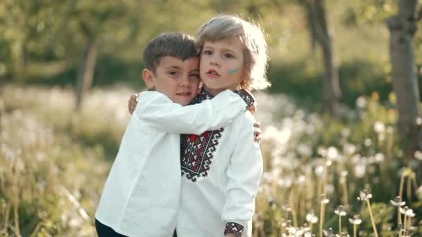 Petits garçons ukrainiens souriants avec drapeau bleu jaune art sur les joues. Joyeux enfants ensemble dans les chemises traditionnelles de broderie vyshyvanka. Ukraine, frères, liberté, costume national, victoire dans la guerre. — Video