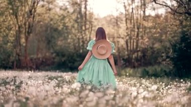 Tüylü karahindiba tarlasında yürüyen Retro stil kadın, inanılmaz bir fantezi Steadicam görüntüsü. Doğada şapkası olan romantik bir kız. Klasik estetik yaşam tarzı, çiçekli arka plan. Yüksek kalite 4k görüntü
