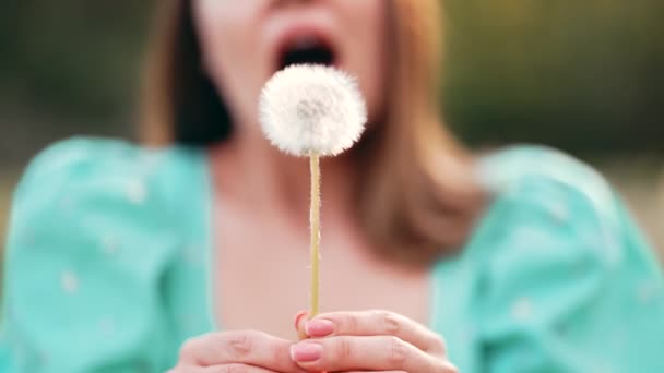 Parkta Karahindiba Üfleyen Güzel Bir Kadın Retro Turkuaz Elbiseli Kız — Stok video