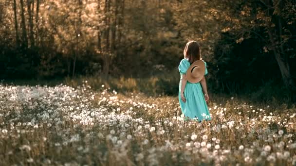 古色古香的女人走在盛开的蒲公英草坪上 迷人的幻想镜头 春天里戴草帽的浪漫女士 原始的生活方式 花卉背景 高质量的4K镜头 — 图库视频影像