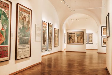 Prague, Czech Republic - July 2022. Alphonse Mucha Museum. Exhibition of paintings, drawings, posters and lithographs. Gallery dedicated to renowned painter, illustrator, graphic artist. High quality