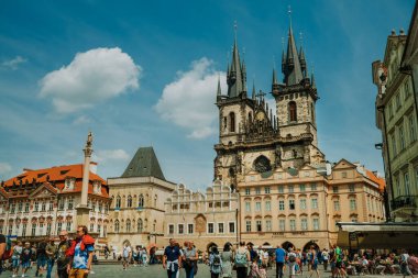 Prague, Czech Republic - July 2022. Old town square with Church of our Lady before Tyn. Famous historical, gothic style buildings. Sunny cityscape in european capital. High quality photo