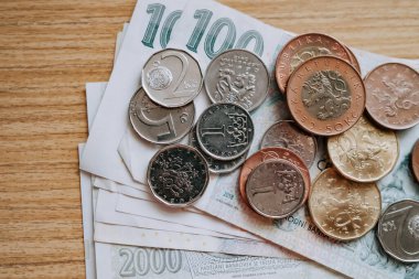 Czech cash money close-up background. Czech Crown. Ceska koruna. Bill paper new banknotes and coins. Monetary policy. Global trade. . High quality photo