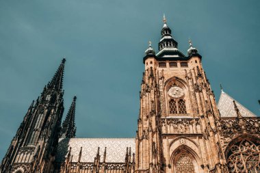 Exterior facade of St. Vitus cathedral in Prague Czech Republic. Architecture in gothic style, details of masterpiece religious building. High quality photo