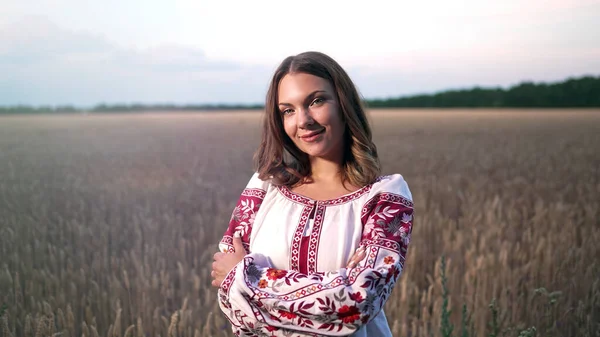 노랑익은 밀밭에서우 여인을 전통적 우크라이나 애국자의 에서의 고품질 — 스톡 사진