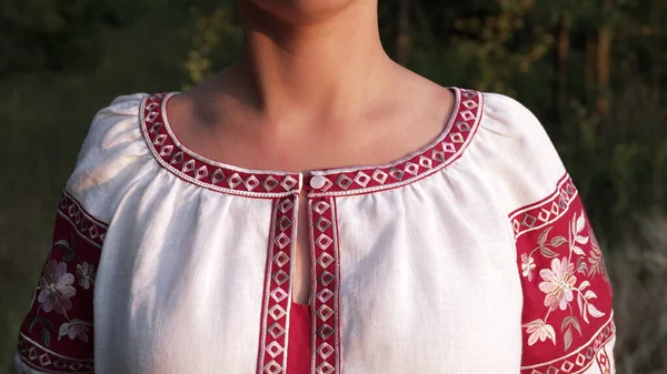 Ukrainian Woman Embroidered Shirt Traditional Ornament National Costume Vyshyvanka Texture — Stock Photo, Image
