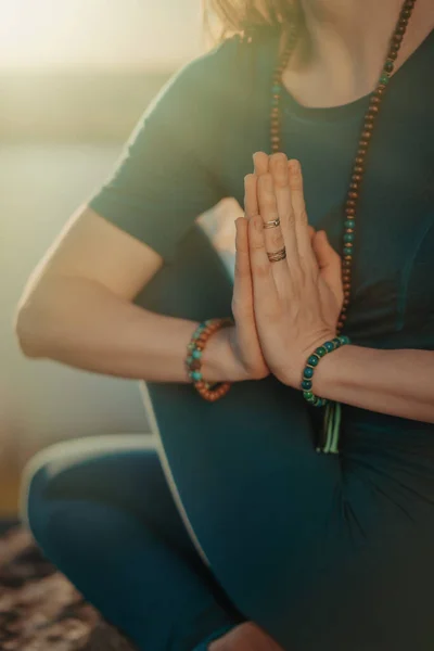 Woman Practicing Yoga Namaste Gratitude Mudra Alone High Mountain River — Stock Fotó