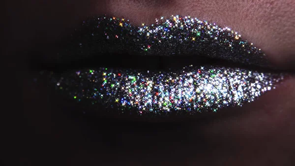 Fashion Model Bright Shiny Sparkles Plump Lips Macro View Woman — Stockfoto