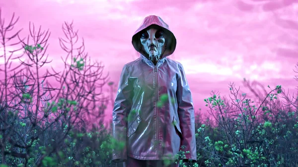Portrait Spooky Alien Field Colorful Neon Light Scary Mask Vinyl — Stock Photo, Image