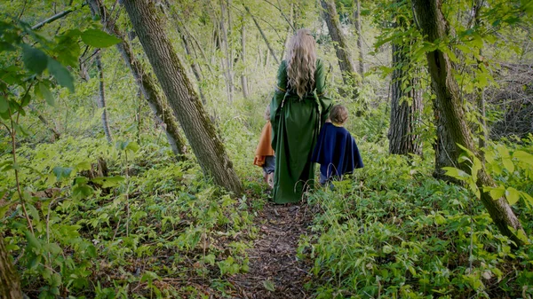 Two Little Toddler Boys Cosplay Gnomes Hobbits Elf Woman Walking — Φωτογραφία Αρχείου