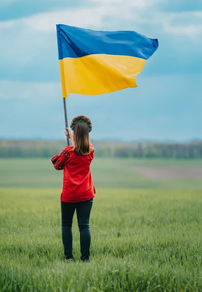 Beautiful Ukrainian Woman National Flag Green Field Background Young Lady — 스톡 사진