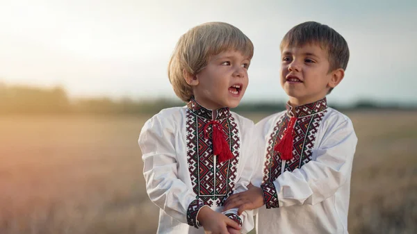 Beautiful Portrait Little Ukrainian Boys Singing Song Wheat Field Harvesting — Foto de Stock