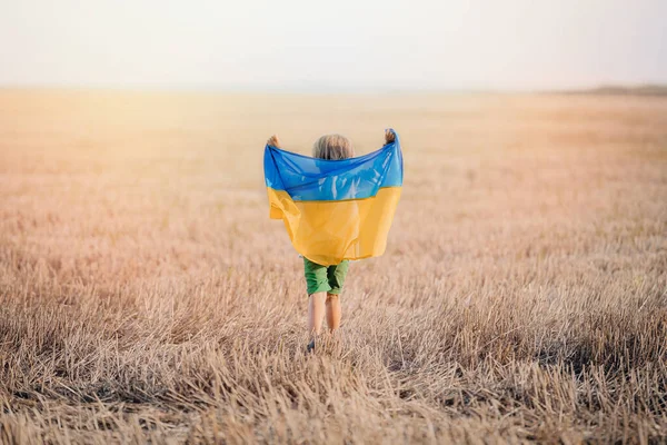 Щасливого Маленького Хлопчика Українського Патріотичного Сина Національним Прапором Полі Після — стокове фото