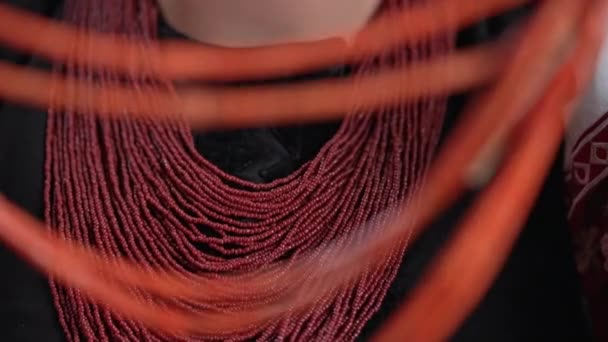 Ukrainian Woman Puts Authentic Jewelry Coral Beads She National Costume — Stockvideo