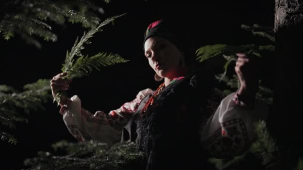Mujer Auténtica Bailando Con Helechos Bosque Nocturno Background Bruja Pañuelo — Vídeos de Stock