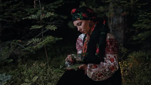 女巫穿着传统的乌克兰语手帕和服装 晚上在喀尔巴阡山脉森林里采集香草和蕨类 身着民族服装的女士 Vyshyvanka 古代珊瑚珠 4K镜头 — 图库视频影像