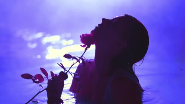 Superbe Femme Avec Fleur Rose Dans Eau Claire Bleue Nuit — Video