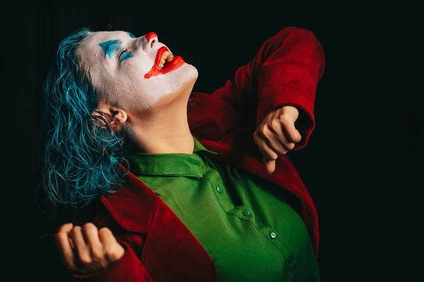 Joker Maquiagem Com Cabelo Verde Para Halloween Close Gritando Cara — Fotografia de Stock