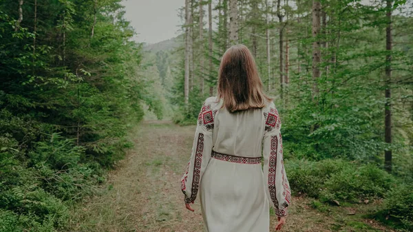認識できないウクライナの女性がモミの森 カルパチア山脈の自然を歩いてのバックビュー 伝統的な刺繍Vyshyvankaドレスの女の子 ウクライナ自由民族衣装 — ストック写真