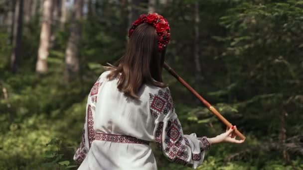 Mujer Joven Tocando Flauta Madera Viento Madera Telenka Ucraniano Tylynka — Vídeos de Stock