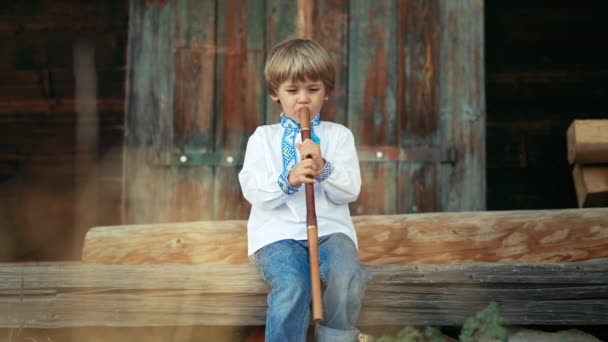 小さな男の子が木管楽器のフルートで演奏 ウクライナのソフィルカ 民俗音楽の概念 伝統的な刺繍シャツの子供 Vyshyvanka 高品質4K映像 — ストック動画