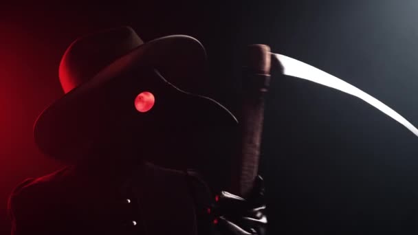 Plague Doctor Plays Sharp Scythe Isolated Red Smoke Background Creepy — Stock Video