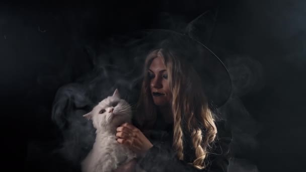 Bonita Bruja Con Gato Mágico Peludo Blanco Sobre Fondo Oscuro — Vídeo de stock